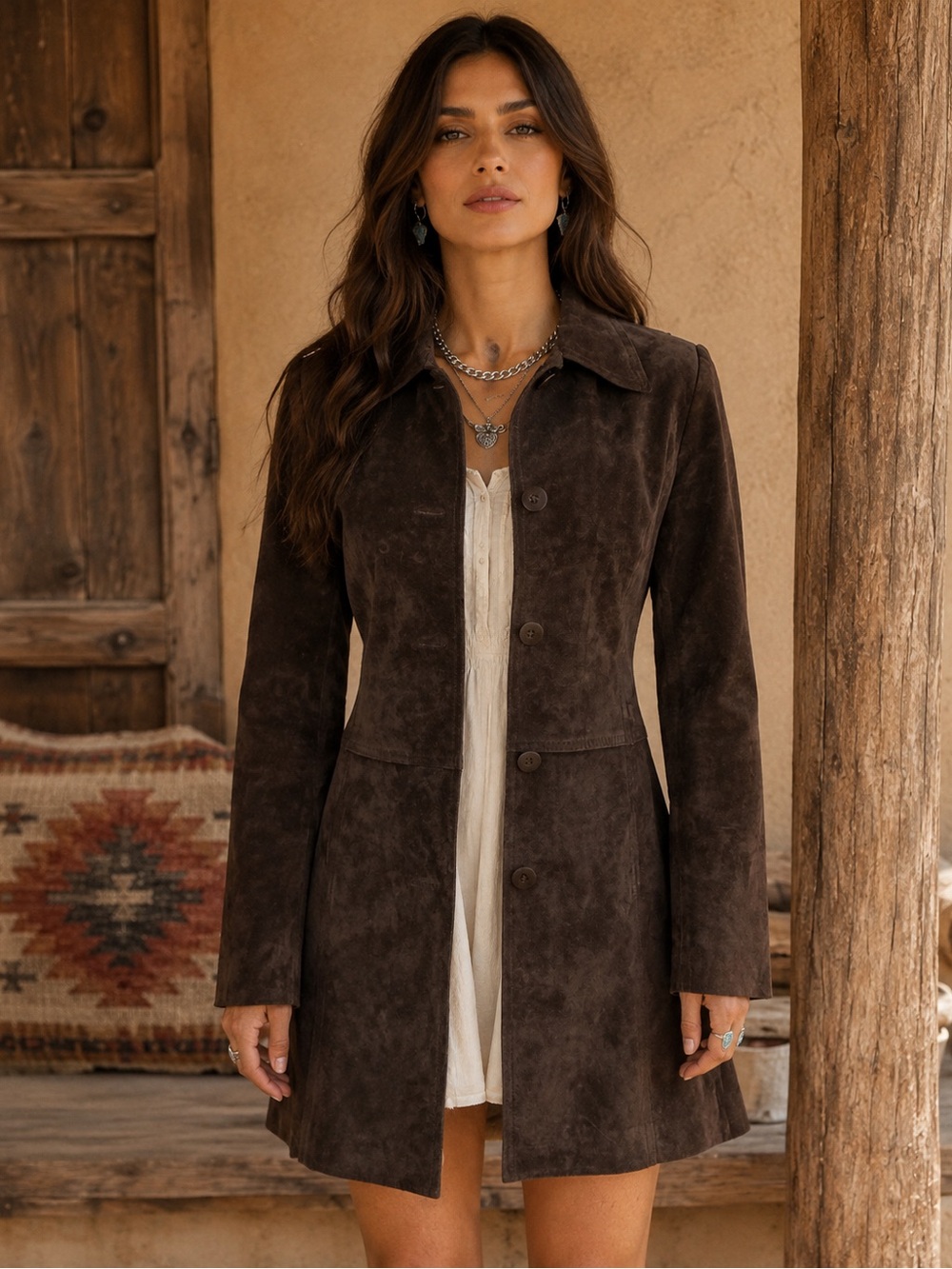 Women's Dark Brown Suede Button-Front Leather Jacket